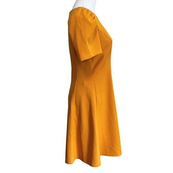 KARL LAGERFELD MUSTARD YELLOW PUFF-SLEEVE SCUBA CREPE A-LINE DRESS - 2 - Picture 2 of 11